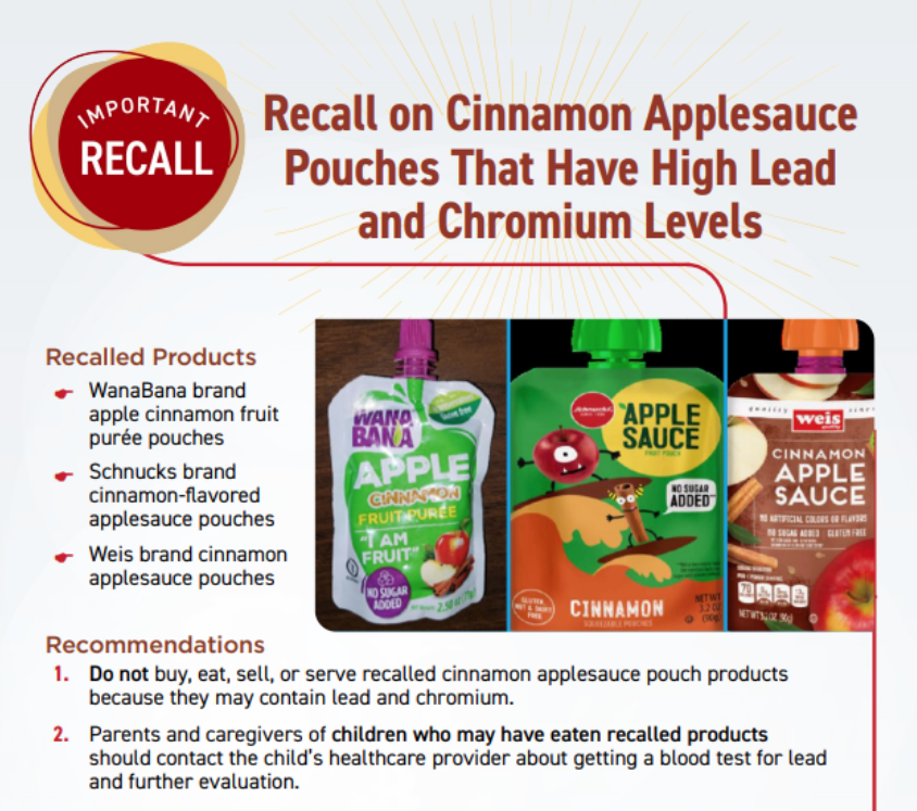 Important Recall from CDC Cinnamon Applesauce Pouches AHSC